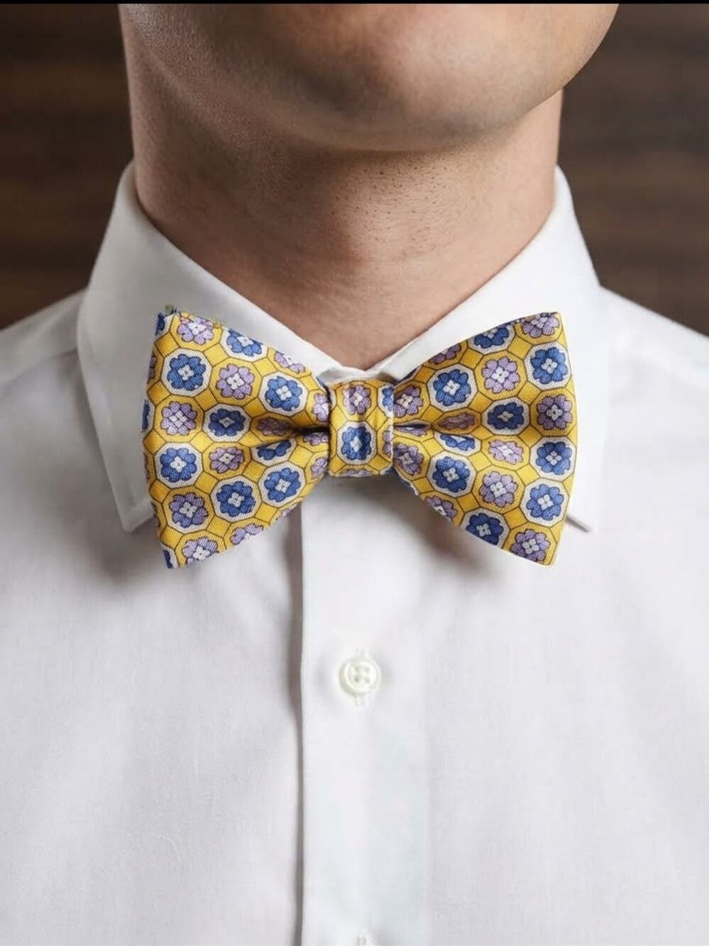 NWT Daniel Cremieux yellow blue white floral medallion cotton bow tie